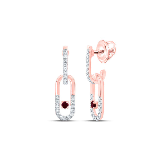 14kt Rose Gold 1/6 Cttw Natural Diamond 1.8mm Round Ruby Natural Gem Paper Clip Dangling Earring