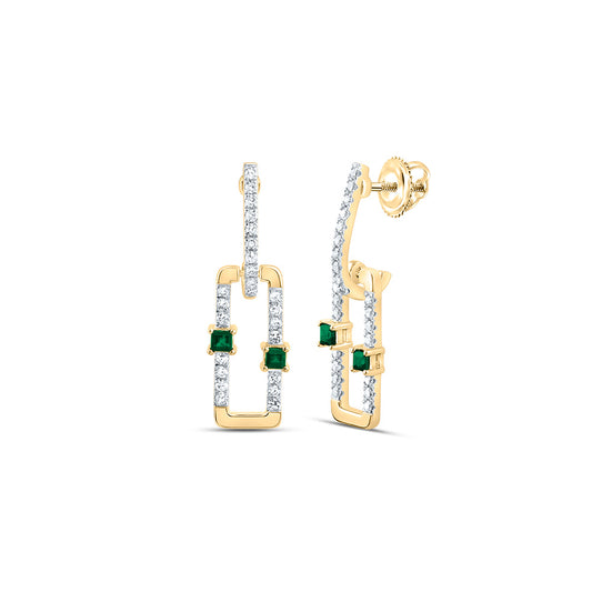 14kt Yellow Gold 1/5 Cttw Natural Diamond and 1/12 Cttw Pr Emerald Natural Gem Paper Clip Dangling Earring