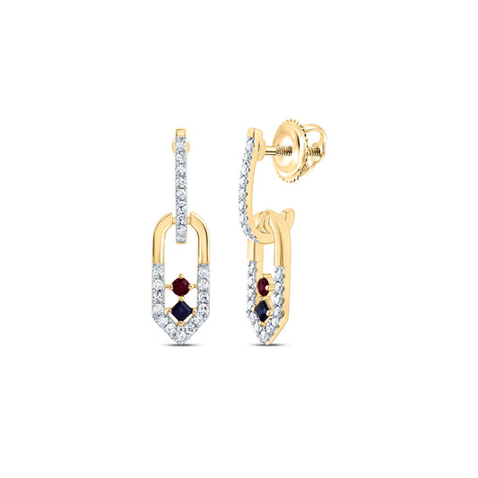 14kt Yellow Gold 1/6 Cttw Natural Diamond 1.6mm Round ru, 1.5mm Pr Blue Sapphire Natural Gem Paper Clip Dangling Earring