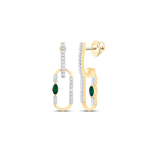 14kt Yellow Gold 1/8 Cttw Natural Diamond 3x2mm Marquise Emerald Natural Gem Paper Clip Dangling Earring