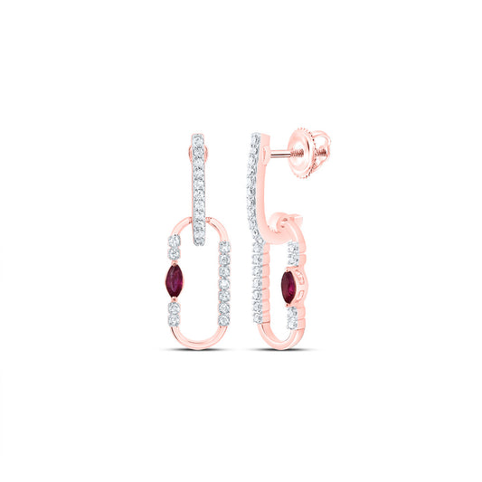 14kt Rose Gold 1/8 Cttw Natural Diamond 3x2mm Marquise Ruby Natural Gem Paper Clip Dangling Earring