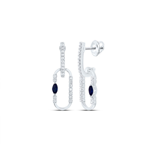 14kt White Gold 1/8 Cttw Natural Diamond 3x2mm Marquise Blue Sapphire Natural Gem Paper Clip Dangling Earring