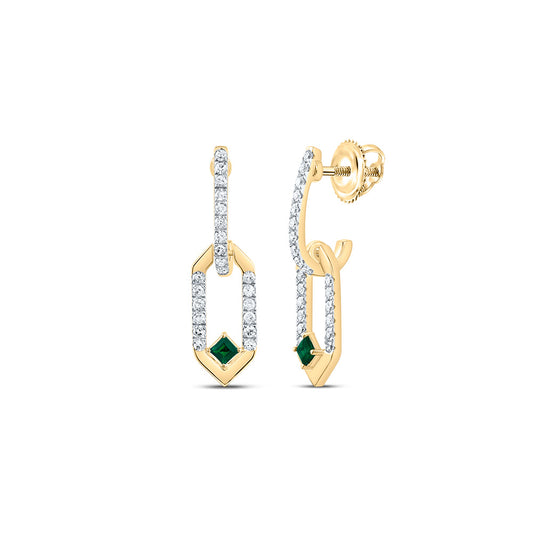 14kt Yellow Gold 1/6 Cttw Natural Diamond 1.7mm Pr Emerald Natural Gem Paper Clip Dangling Earring