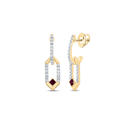 14kt Yellow Gold 1/6 Cttw Natural Diamond 1.7mm Pr Ruby Natural Gem Paper Clip Dangling Earring