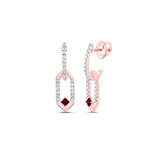 14kt Rose Gold 1/6 Cttw Natural Diamond 1.7mm Pr Ruby Natural Gem Paper Clip Dangling Earring
