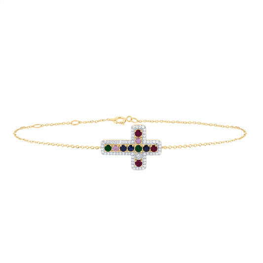 10kt Yellow Gold 1/4 Cttw Natural Diamond and 1/2 Cttw Round Natural Gem Multicolor Sapphire Cross Bracelet, Length: 7 Inch