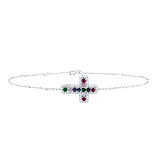 10kt White Gold 1/4 Cttw Natural Diamond and 1/2 Cttw Round Natural Gem Multicolor Sapphire Cross Bracelet, Length: 7 Inch