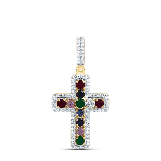 10kt Yellow Gold 1/4 Cttw Natural Diamond and 1/2 Cttw Round Natural Gem Multicolor Sapphire Cross Pendant