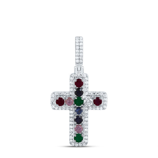 10kt White Gold 1/4 Cttw Natural Diamond and 1/2 Cttw Round Natural Gem Multicolor Sapphire Cross Pendant