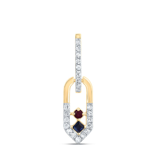 14kt Yellow Gold 1/10 Cttw Natural Diamond 1.6mm Round ru, 1.5mm Pr Blue Sapphire Natural Gem Paper Clip Pendant