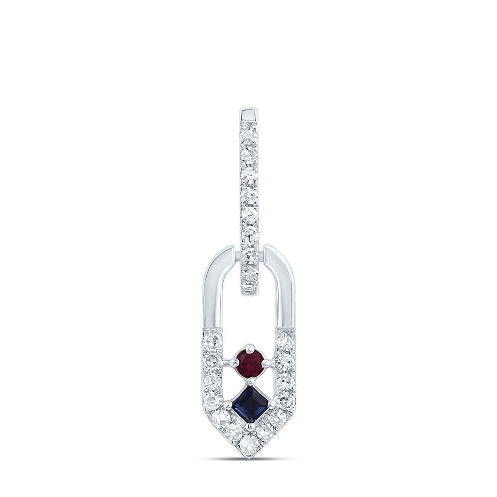 14kt White Gold 1/10 Cttw Natural Diamond 1.6mm Round ru, 1.5mm Pr Blue Sapphire Natural Gem Paper Clip Pendant