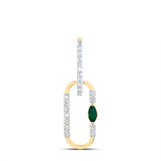 14kt Yellow Gold 1/12 Cttw Diamond 3x2mm Marquise Emerald Natural Gem Paper Clip Pendant