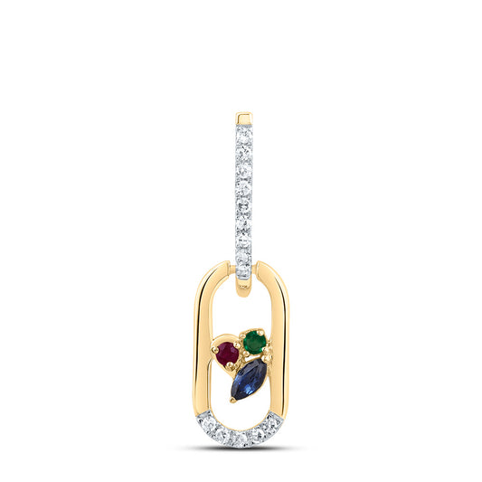 14kt Yellow Gold 1/20 Cttw Diamond 1.4mm Round ru/em, 3x2mm Marquise Blue Sapphire Natural Gem Paper Clip Pendant