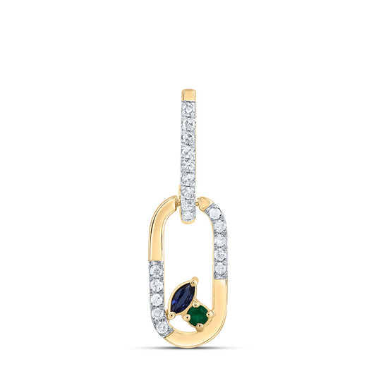 14kt Yellow Gold 1/12 Cttw Diamond 1.6mm Round em, 3x2mm Marquise Blue Sapphire Natural Gem Paper Clip Pendant
