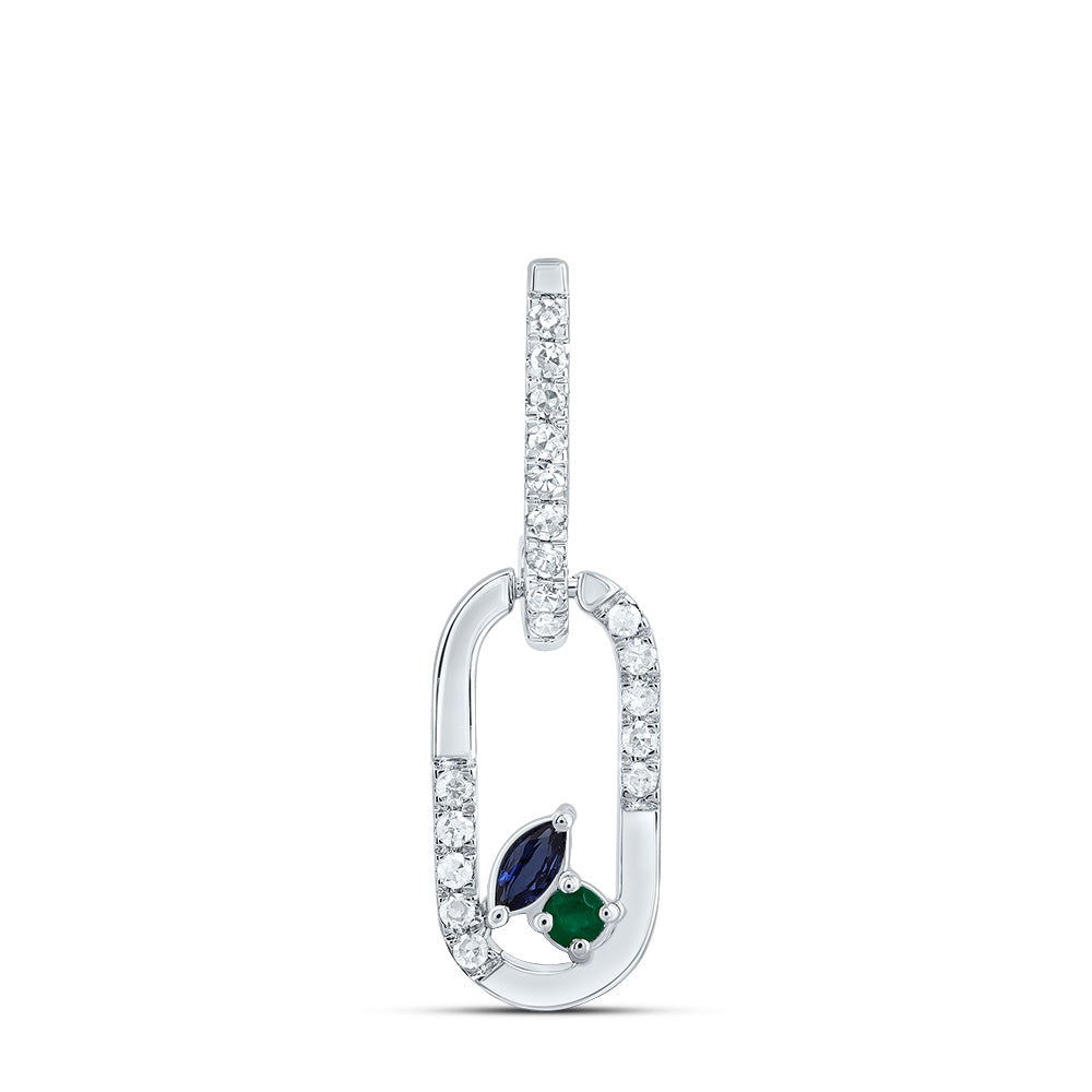 14kt White Gold 1/12 Cttw Diamond 1.6mm Round em, 3x2mm Marquise Blue Sapphire Natural Gem Paper Clip Pendant