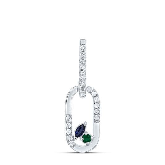 14kt White Gold 1/12 Cttw Diamond 1.6mm Round em, 3x2mm Marquise Blue Sapphire Natural Gem Paper Clip Pendant