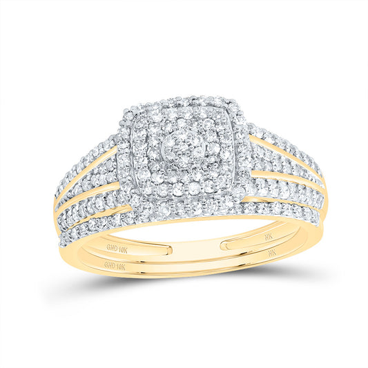 10kt Yellow Gold 1/2 Cttw Diamond Cushion Double Halo Wedding Engagement Anniversary Bridal Set, Women Size: 5-9