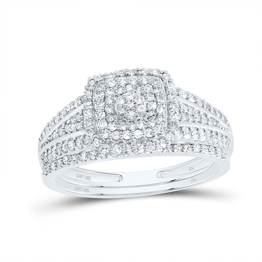 10kt White Gold 1/2 Cttw Diamond Cushion Double Halo Wedding Engagement Anniversary Bridal Set, Women Size: 5-9