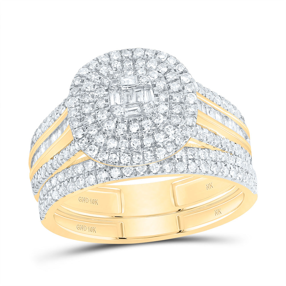 10kt Yellow Gold 7/8 Cttw Diamond Cushion Double Halo Wedding Engagement Anniversary Bridal Set, Women Size: 5-9