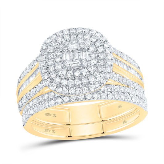10kt Yellow Gold 7/8 Cttw Diamond Cushion Double Halo Wedding Engagement Anniversary Bridal Set, Women Size: 5-9