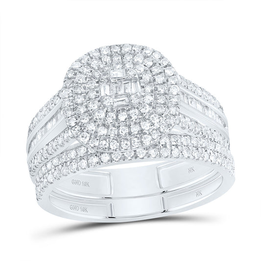 10kt White Gold 7/8 Cttw Diamond Cushion Double Halo Wedding Engagement Anniversary Bridal Set, Women Size: 5-9