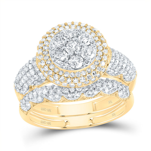 10kt Yellow Gold 1 1/2 Cttw Diamond Fashion Round Flower Wedding Engagement Anniversary Bridal Set, Women Size: 5-9