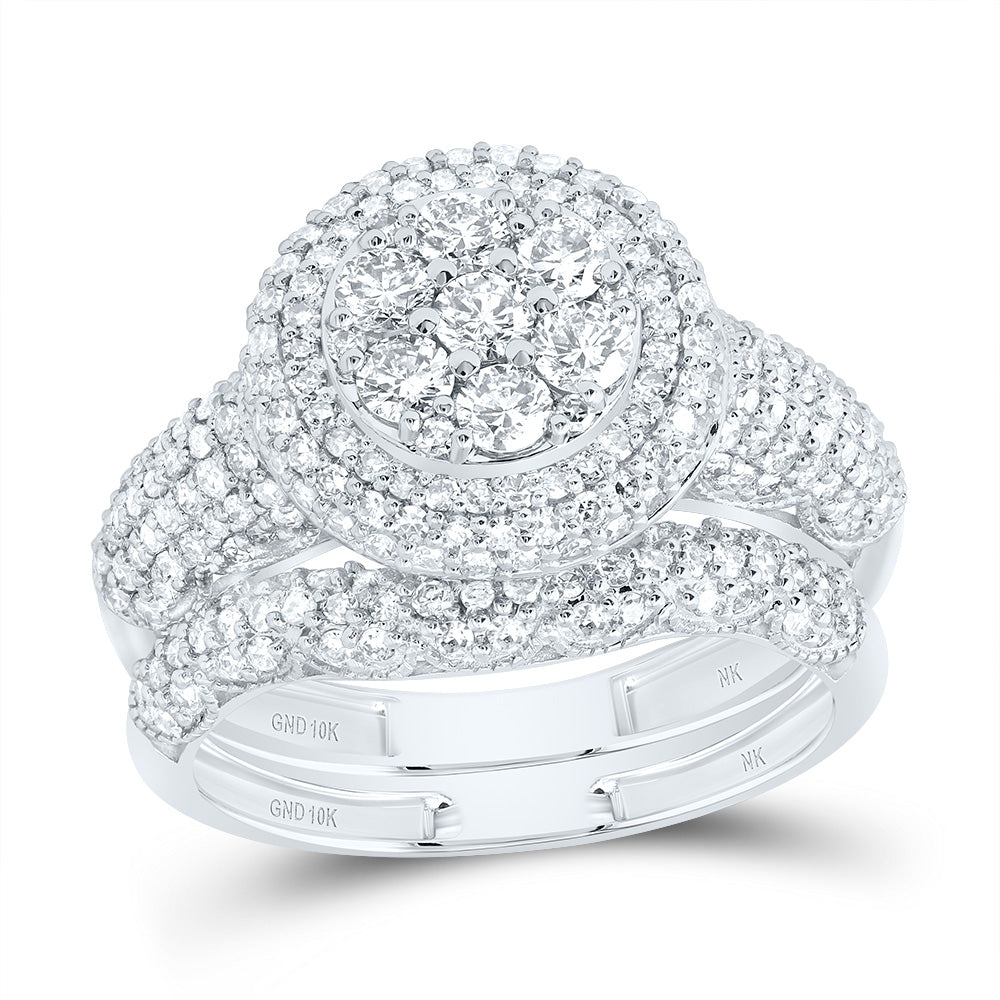 10kt White Gold 1 1/2 Cttw Diamond Fashion Round Flower Wedding Engagement Anniversary Bridal Set, Women Size: 5-9