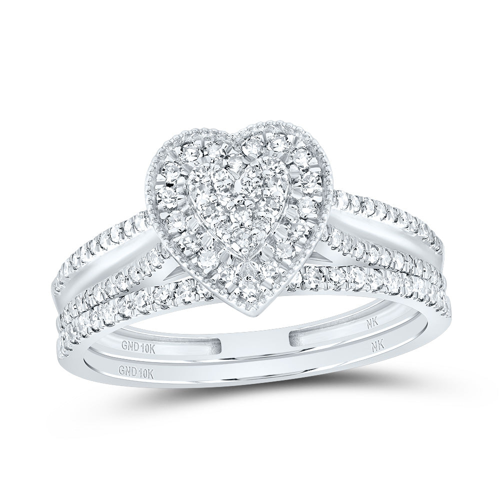 10kt White Gold 3/8 Cttw Natural Diamond Heart Single Halo Wedding Engagement Anniversary Bridal Set, Women Size: 5-9
