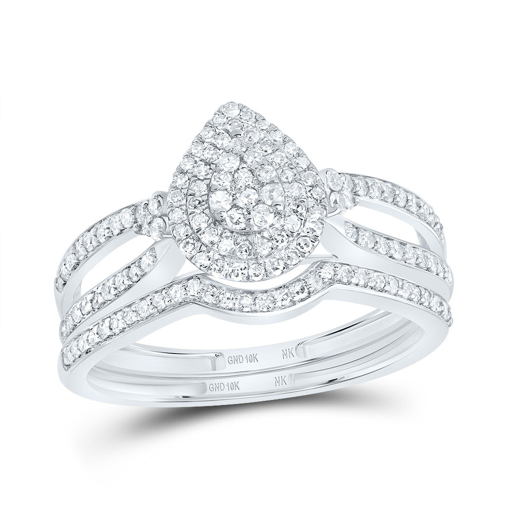 10kt White Gold 1/2 Cttw Diamond Pear Double Halo Wedding Engagement Anniversary Bridal Set, Women Size: 5-9