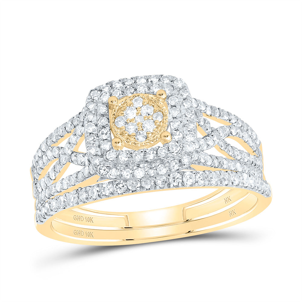 10kt Yellow Gold 5/8 Cttw Diamond Cushion Double Halo Wedding Engagement Anniversary Bridal Set, Women Size: 5-9