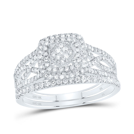 10kt White Gold 5/8 Cttw Diamond Cushion Double Halo Wedding Engagement Anniversary Bridal Set, Women Size: 5-9