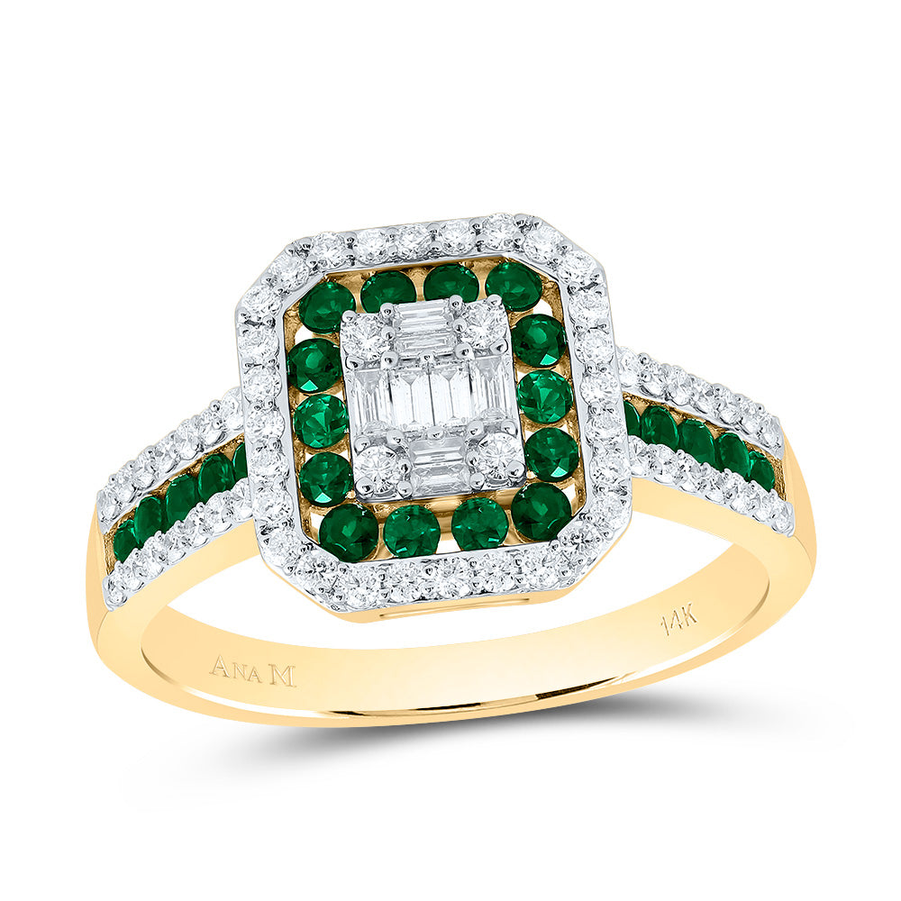 14kt Yellow Gold Diamond Ana M Round Emerald Natural Gem Octagon Wedding Engagement Anniversary Ring
