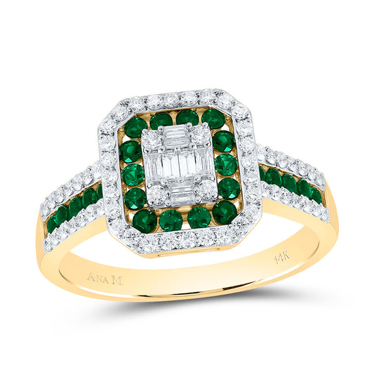 14kt Yellow Gold Diamond Ana M Round Emerald Natural Gem Octagon Wedding Engagement Anniversary Ring