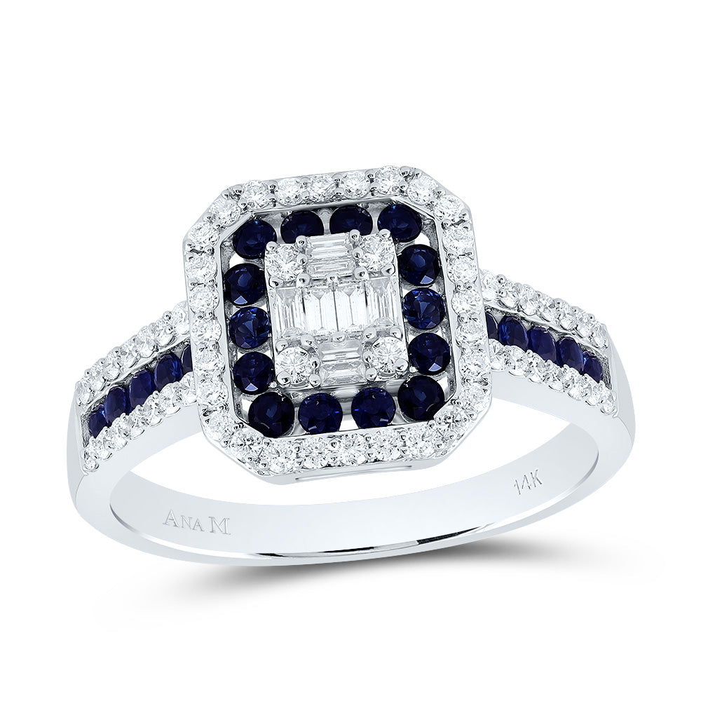 14kt White Gold 3/8 Cttw Diamond Ana M and 1/2 Cttw Round Blue Sapphire Natural Gem Octagon Wedding Engagement Anniversary Ring, Women Size: 5-9