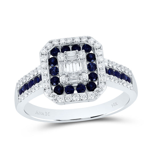 14kt White Gold 3/8 Cttw Diamond Ana M and 1/2 Cttw Round Blue Sapphire Natural Gem Octagon Wedding Engagement Anniversary Ring, Women Size: 5-9