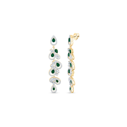 14kt Yellow Gold 1 1/4 Cttw Diamond Ana M and 1 5/8 Cttw Pear Emerald Natural Gem Dangling Earring