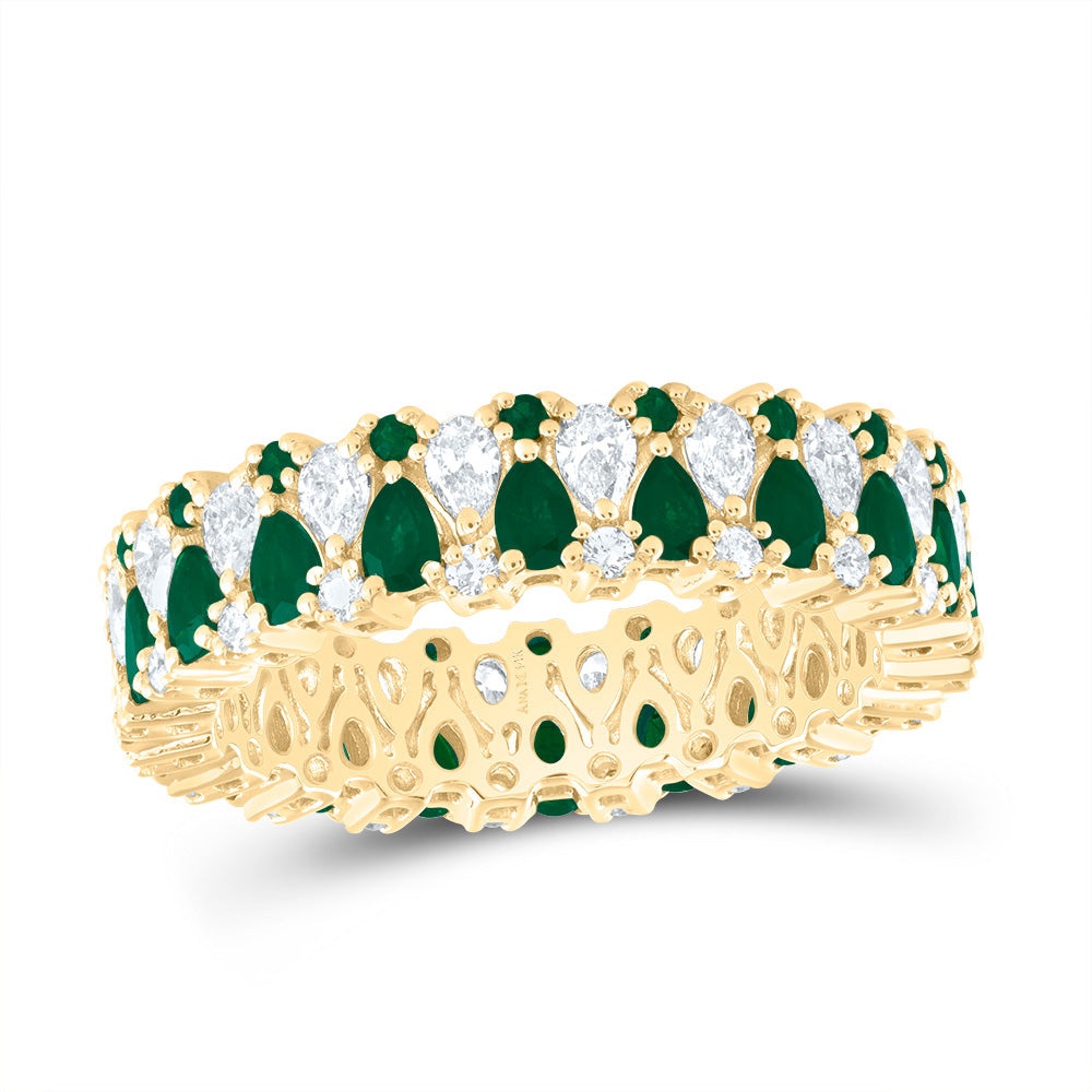 14kt Yellow Gold 1 Cttw Diamond Ana M and 1 Cttw Pear em, 1/5 Cttw Round Emerald Natural Gem Bridal Wedding Engagement Anniversary Womens Band, Women Size: 5-9