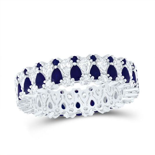 14kt White Gold 1 Cttw Diamond Ana M and 1 1/3 Cttw Pear bs, 1/4 Cttw Round Blue Sapphire Natural Gem Bridal Wedding Engagement Anniversary Womens Band, Women Size: 5-9