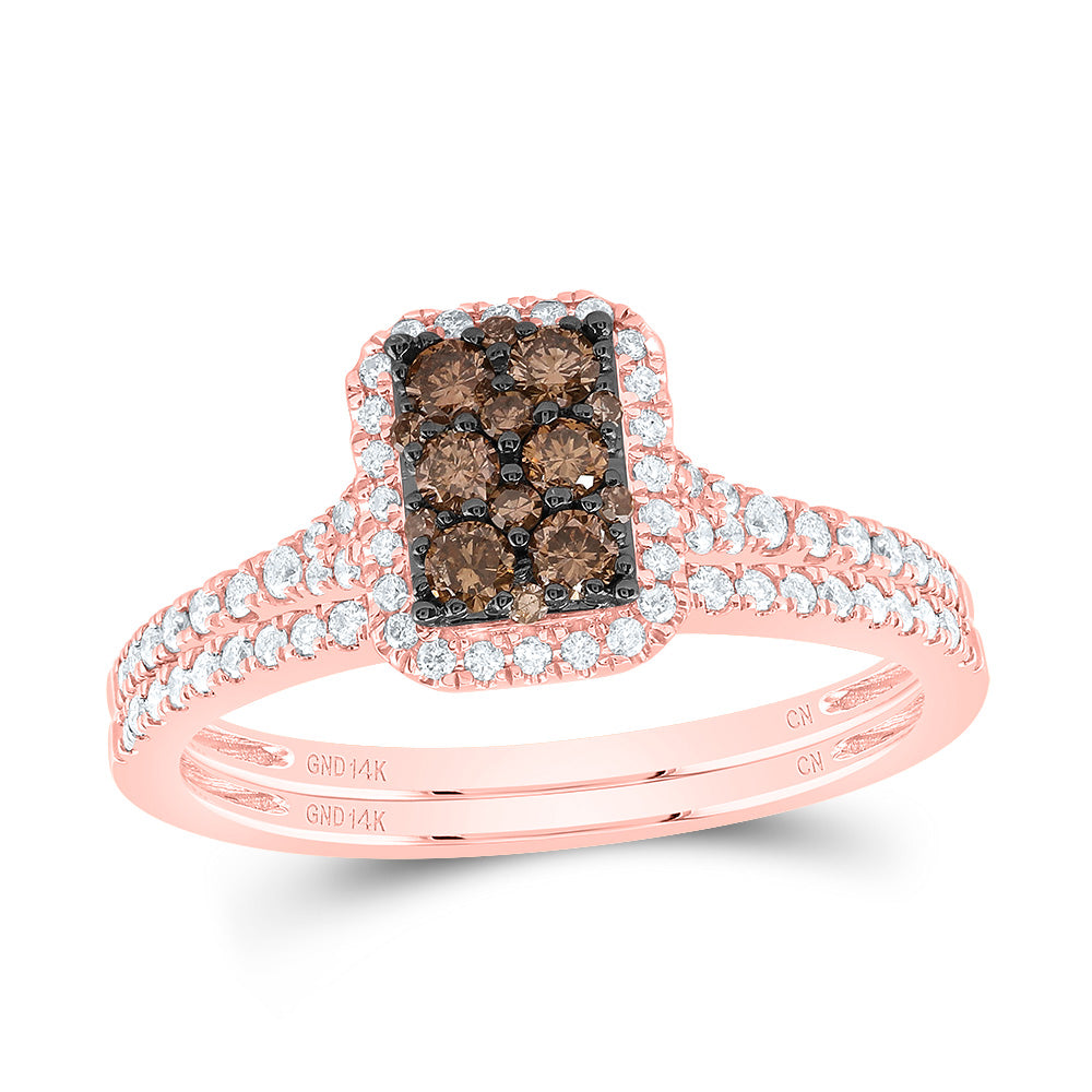 14kt Rose Gold 1/2 Cttw Diamond Cognac Natural Octagon Wedding Engagement Anniversary Bridal Set, Women Size: 5-9