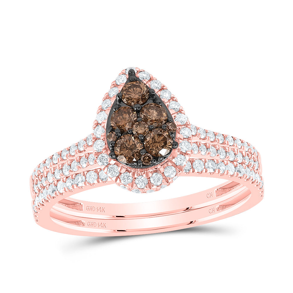 14kt Rose Gold 3/4 Cttw Diamond Cognac Natural Pear Wedding Engagement Anniversary Bridal Set, Women Size: 5-9