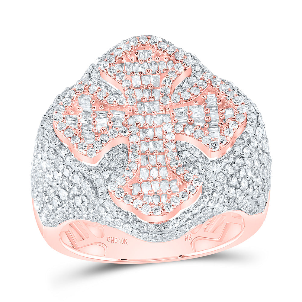 10kt Rose Gold 3 Cttw Diamond Cross Mens Ring, Men Size: 8-12