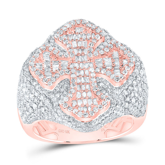 10kt Rose Gold 3 Cttw Diamond Cross Mens Ring, Men Size: 8-12