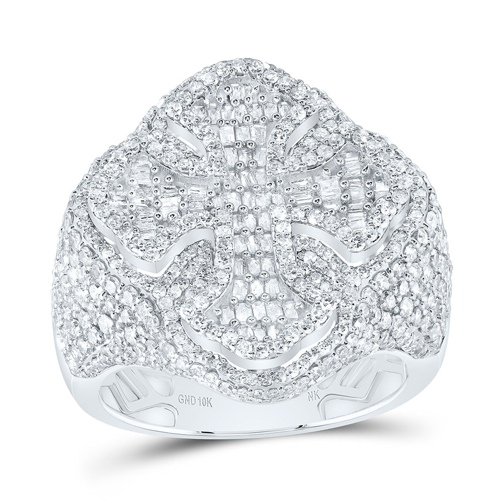 10kt White Gold 3 Cttw Diamond Cross Mens Ring, Men Size: 8-12
