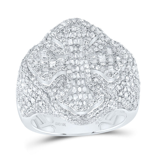 10kt White Gold 3 Cttw Diamond Cross Mens Ring, Men Size: 8-12