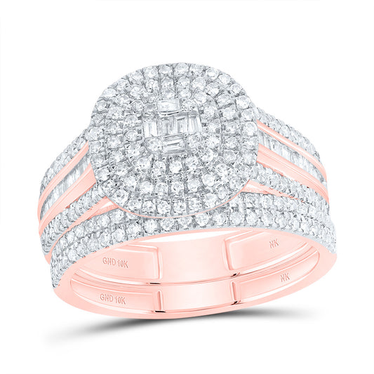 10kt Rose Gold 7/8 Cttw Diamond Cushion Double Halo Wedding Engagement Anniversary Bridal Set, Women Size: 5-9