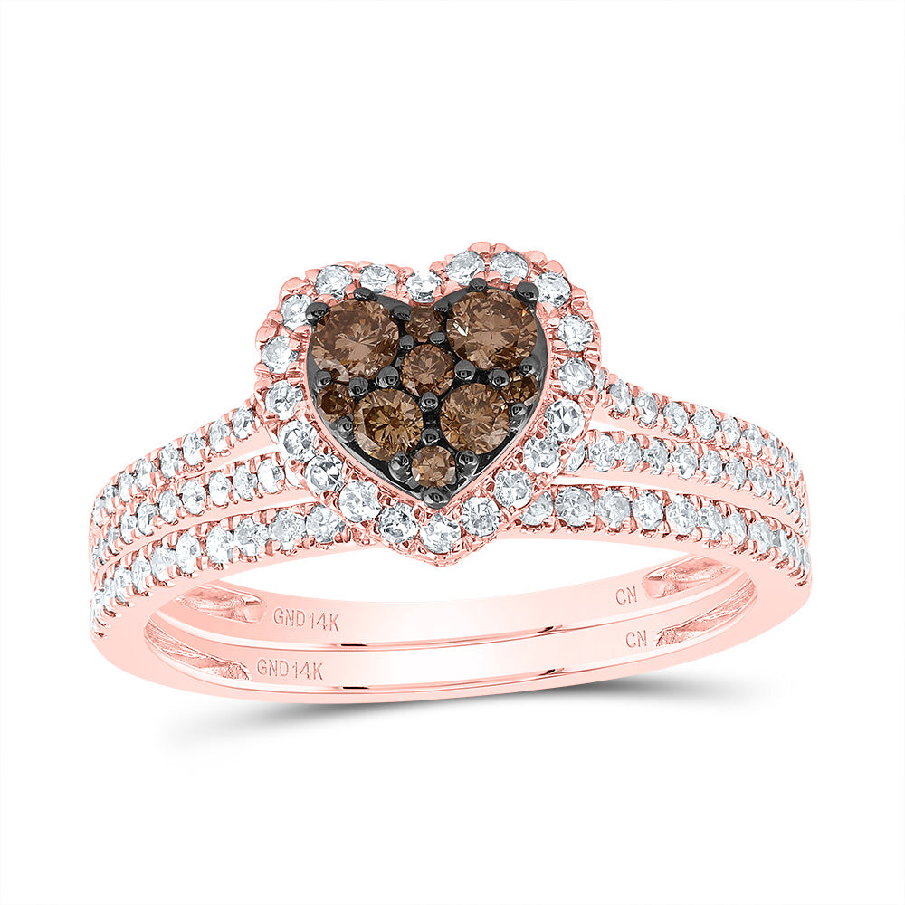 14kt Rose Gold 3/4 Cttw Natural Diamond Cognac Natural Heart Wedding Engagement Anniversary Bridal Set, Women Size: 5-9