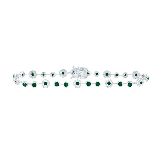 14kt White Gold 7/8 Cttw Diamond Ana M and 1 1/2 Cttw Round Emerald Natural Gem Fashion Flower Bracelet, Length: 7 Inch