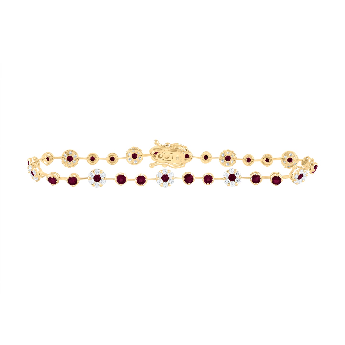 14kt Yellow Gold 7/8 Cttw Diamond Ana M and 1 7/8 Cttw Round Ruby Natural Gem Fashion Flower Bracelet, Length: 7 Inch