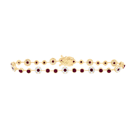 14kt Yellow Gold 7/8 Cttw Diamond Ana M and 1 7/8 Cttw Round Ruby Natural Gem Fashion Flower Bracelet, Length: 7 Inch