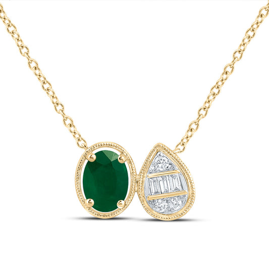 14kt Yellow Gold 1/10 Cttw Diamond Ana M 7x5mm Oval Emerald Natural Gem Pear Ovalal Necklace, Length: 18 Inch